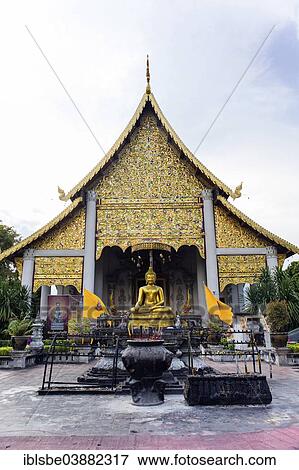 Stock Photo - "Golden Buddha in front of Wat Chedi Luang Temple, Chiang Mai, Northern Thailand, Thailand, Asia". Fotosearch