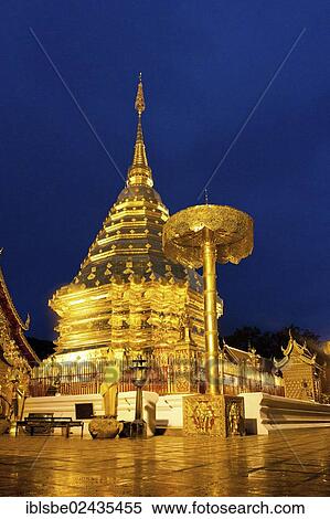 "Golden Chedi, blue hour, dawn, mountain temple of Wat Phrathat Doi Suthep, Chiang Mai, Northern Thailand, Thailand, Asia" View Large Photo Image Stock Photography - "Golden Chedi, blue hour, dawn, mountain temple of Wat Phrathat Doi Suthep, Chiang Mai, Northern Thailand, Thailand, Asia". Fotosearch