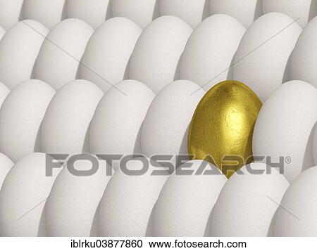 Stock Image - Golden egg amidst white eggs. Fotosearch