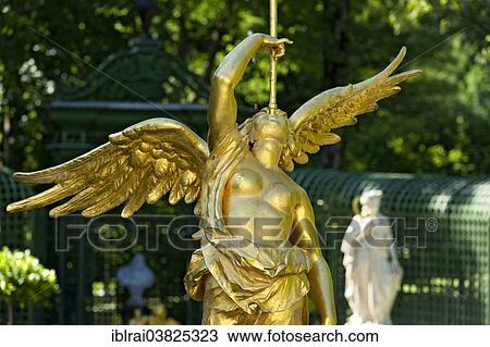 Stock Image - "Golden fountain figure of the goddess Fama, West Parterre, Schlosspark palace gardens, Schloss Linderhof Palace, Upper Bavaria, Bavaria, Germany, Europe". Fotosearch