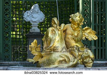 "Golden fountain figure, putto with dolphins, West Parterre, Schlosspark palace gardens, Schloss Linderhof Palace, Upper Bavaria, Bavaria, Germany, Europe" View Large Photo Image Picture - "Golden fountain figure, putto with dolphins, West Parterre, Schlosspark palace gardens, Schloss Linderhof Palace, Upper Bavaria, Bavaria, Germany, Europe". Fotosearch