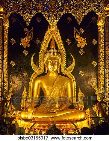 "Golden Gautama Buddha Buddha in the posture of overcoming Mara, also called Mara submission, Buddha Phra Phuttha Chinnarat in the temple of Wat Phra Sri Rattana Mahathat, Phitsanulok, Northern Thailand, Thailand, Asia" View Large Photo Image Stock Photo - "Golden Gautama Buddha Buddha in the posture of overcoming Mara, also called Mara submission, Buddha Phra Phuttha Chinnarat in the temple of Wat Phra Sri Rattana Mahathat, Phitsanulok, Northern Thailand, Thailand, Asia". Fotosearch