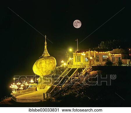 "Golden Rock or Kyaiktiyo Pagoda illuminated at night with a full moon, Kyaikto, Mon-Staat, Myanmar, Burma, Asia" View Large Photo Image Stock Image - "Golden Rock or Kyaiktiyo Pagoda illuminated at night with a full moon, Kyaikto, Mon-Staat, Myanmar, Burma, Asia". Fotosearch