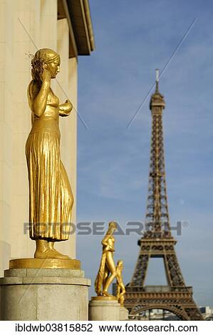 "Golden statues at the Palais de Chaillot with the Eiffel Tower, Place du Trocadero, 16th Arrondissement, Paris, France, Europe" View Large Photo Image Stock Image - "Golden statues at the Palais de Chaillot with the Eiffel Tower, Place du Trocadero, 16th Arrondissement, Paris, France, Europe". Fotosearch