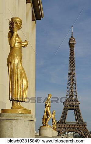 Stock Photo - "Golden statues at the Palais de Chaillot with the Eiffel Tower, Place du Trocadero, 16th Arrondissement, Paris, France, Europe". Fotosearch