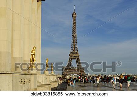 Stock Photography - "Golden statues at the Palais de Chaillot with the Eiffel Tower, Place du Trocadero, 16th Arrondissement, Paris, France, Europe". Fotosearch