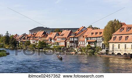 Stock Image - "Gondola on the Regnitz river at Little Venice, Bamberg, Upper Franconia, Franconia, Bavaria, Germany, Europe, PublicGround, Europe". Fotosearch