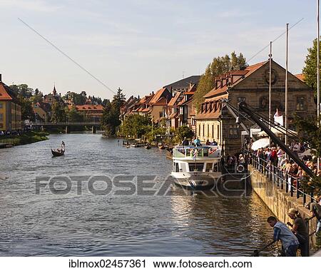 Stock Image - "Gondola on the Regnitz river at Little Venice, Bamberg, Upper Franconia, Franconia, Bavaria, Germany, Europe, PublicGround, Europe". Fotosearch