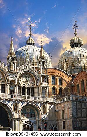 Stock Photograph - "Gothic architecture and Romanesque domes of St Mark's Basilica, Venice, Venezien, Italy, Europe". Fotosearch