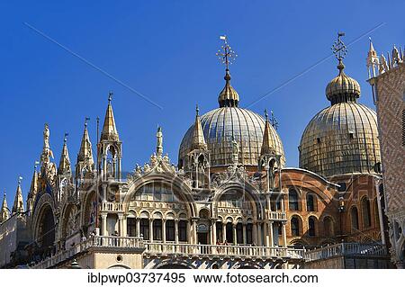 Stock Photography - "Gothic architecture and Romanesque domes of St Mark's Basilica, Venice, Venezien, Italy, Europe". Fotosearch