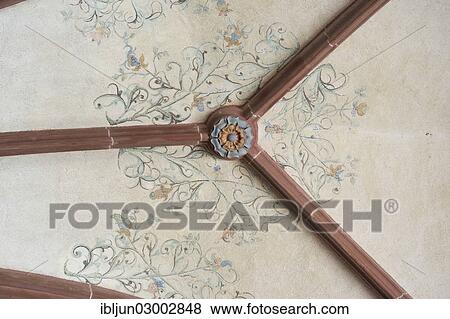 Stock Photo - "Gothic cross-ribbed vault with floral frescoes in the chapter house of Eberbach Abbey, Kloster Eberbach, Eltville, Hesse, Germany, Europe". Fotosearch