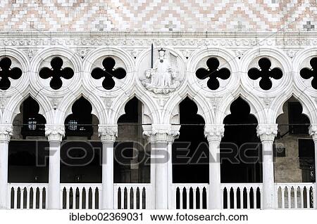 Stock Image - "Gothic facade of the Palazzo Ducale, Doge's Palace, detail, Piazza San Marco, St. Mark's Square, Venice, Italy, Europe". Fotosearch