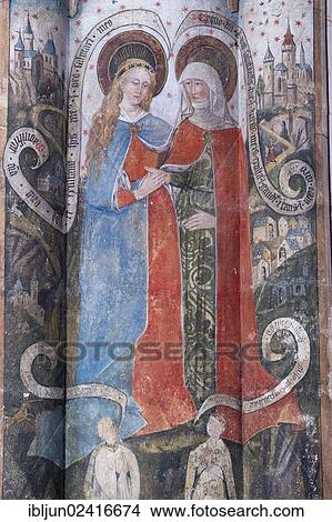 Picture - Gothic fresco of the Virgin Mary and a Saint, in the Romanesque-Gothic Abbey Church of St. Martin and St. Severus, Muenstermaifeld, Rhineland-Palatinate, Germany, Europe. Fotosearch