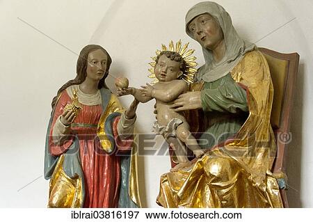 Stock Photo - "Gothic Marian group in the lobby, baroque Church of the Assumption of St. Mary, Ettal Abbey, Ettal, Upper Bavaria, Bavaria, Germany, Europe". Fotosearch