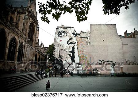 Stock Photo - "Graffiti near St. Merri Church in Le Marais, Paris, Ile de France, France, Europe". Fotosearch