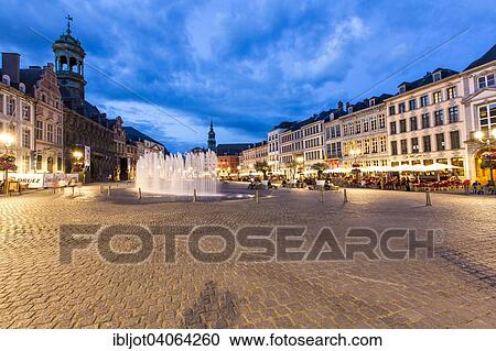 Stock Image - "Grand Place, central square, downtown, historic centre, Mons, Hainaut, Belgium, Europe". Fotosearch