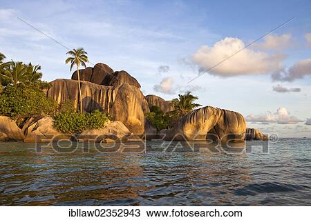 "Granite cliffs and coconut palms in the evening light at Point Source d'Argent, La Digue Island, Seychelles, Africa, Indian Ocean, Africa" View Large Photo Image Stock Image - "Granite cliffs and coconut palms in the evening light at Point Source d'Argent, La Digue Island, Seychelles, Africa, Indian Ocean, Africa". Fotosearch