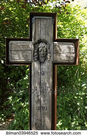 Stock Photography - "Grave cross of Otto Dressel in the literary park on Lake Wolfgangsee, Ried bei Sankt Gilgen, Salzkammergut, Salzburg State, Austria, Europe". Fotosearch