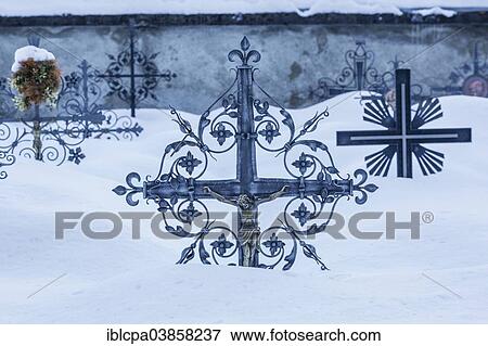 Stock Photo - "Grave crosses in deep snow, cemetery, Maria Luggau, Carinthia, Austria, Europe". Fotosearch