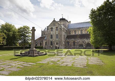 Picture - "Gravestones forming path to the North Garth monument at Romsey Abbey, Parish church of St Mary and St Ethelflaeda, Romsey, Hampshire, England, United Kingdom, Europe". Fotosearch