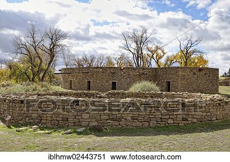 Stock Image - "Great Kiva, historic Anasazi settlement, Aztec Ruins National Monument, Aztec, New Mexico, USA". Fotosearch