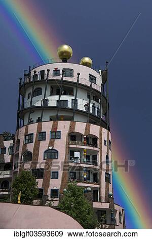 Stock Photo - "Green Citadel with a rainbow, Hundertwasser Building,, historic center, Magdeburg, Saxony-Anhalt, Germany, Europe". Fotosearch