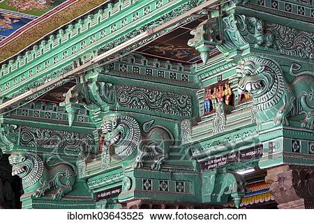 Stock Photography - "Green painted pillars, mythical creatures, Meenakshi Amman Temple or Sri Meenakshi Sundareswarar Temple, Madurai, Tamil Nadu, India, Asia". Fotosearch