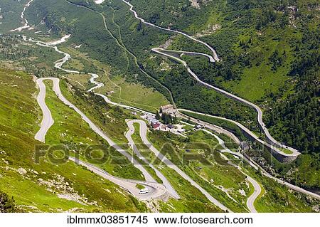 Stock Photography - "Grimsel Pass and Furka Pass on the right, Gletsch, Canton of Valais, Switzerland, Europe". Fotosearch