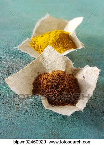 Ground chili powder and ground turmeric View Large Photo Image Stock Photo - Ground chili powder and ground turmeric. Fotosearch