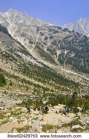 "Group of people hiking a trail in the Albanian Alps, Valbona Pass, Valbona National Park, Albania, The Balkans, Europe" View Large Photo Image Stock Image - "Group of people hiking a trail in the Albanian Alps, Valbona Pass, Valbona National Park, Albania, The Balkans, Europe". Fotosearch