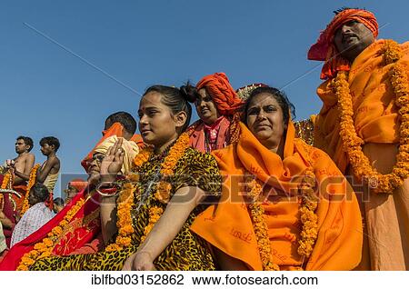 Stock Image - "Group of sadhus, holy men, and sadhvis, holy women, participating in the procession of Shahi Snan, the royal bath, during Kumbha Mela festival, Allahabad, Uttar Pradesh, India, Asia". Fotosearch