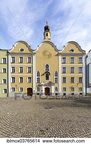 Picture - "Guardian Angel Church in Burghausen on Marktplatz square, Burghausen, Upper Bavaria, Bavaria, Germany, Europe". Fotosearch