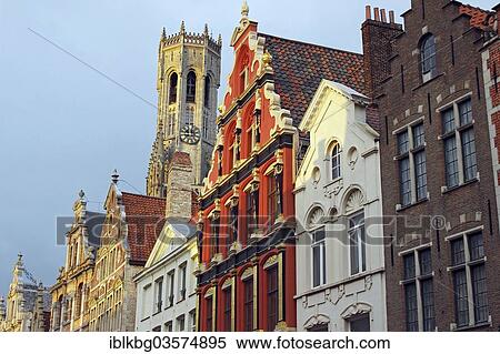 Stock Photography - "Guild houses with gabled roofs, bell tower at back, Bruges, West Flanders, Flemish Region, Belgium, Europe". Fotosearch