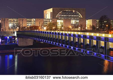 Stock Photo - "Gustav Heinemann Bridge crossing the Spree River in front of the Chancellor's Office, in the evening, Berlin, Berlin, Berlin, Germany, Europe". Fotosearch