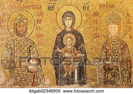 "Hagia Sophia, Comnenus Mural mosaic representing the Virgin Mary and Child, the Emperor Johannes Kommenos II and the Empress Irene, Istanbul, Turkey, Asia" View Large Photo Image Stock Photography - "Hagia Sophia, Comnenus Mural mosaic representing the Virgin Mary and Child, the Emperor Johannes Kommenos II and the Empress Irene, Istanbul, Turkey, Asia". Fotosearch