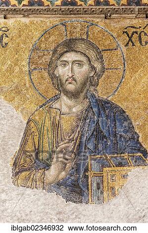 Stock Image - "Hagia Sophia, detail of the Deesis Mural mosaic representing Jesus Christ between the Virgin Mary and St John the Baptist, Istanbul, Turkey, Asia". Fotosearch