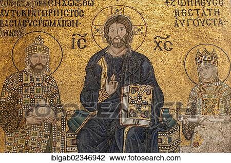 Stock Image - "Hagia Sophia, Empress Zoe mural mosaic representing the Christ Pantocrator, the Empress Zoe and Constantine IX Monomakhos, Istanbul, Turkey, Asia". Fotosearch
