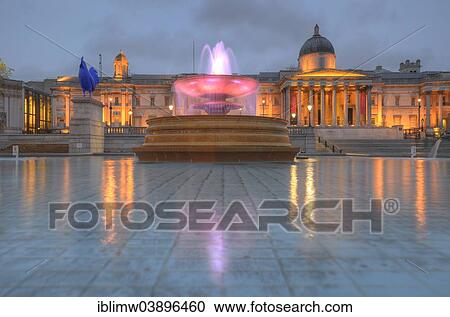 "Hahn/Cock sculpture and fountain in front of the National Gallery, blue hour, rainy weather, Trafalgar Square, London, England, United Kingdom, Europe" View Large Photo Image Stock Image - "Hahn/Cock sculpture and fountain in front of the National Gallery, blue hour, rainy weather, Trafalgar Square, London, England, United Kingdom, Europe". Fotosearch
