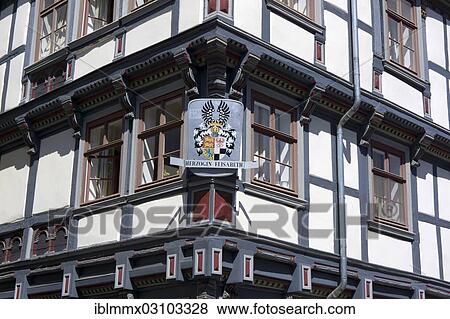 Stock Photo - "Half-timbered house with a coat of arms, historic center, Hannoversch Munden, Lower Saxony, Germany, Europe". Fotosearch