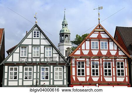 Stock Photograph - "Half-timbered houses and bell tower of St. Mary's Church, Celle, Lower Saxony, Germany, Europe". Fotosearch
