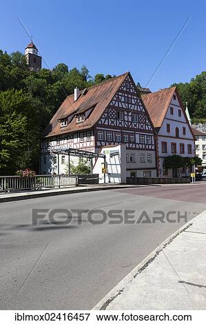 Stock Photo - Half-timbered houses in Haigerloch, Roman Tower at the rear, Baden-Wuerttemberg, Germany, Europe, PublicGround, Europe. Fotosearch