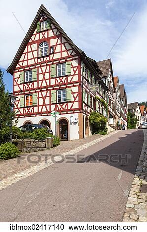 Stock Image - Half-timbered houses in Schiltach in the Kinzig Valley, Black Forest, Baden-Wuerttemberg, Germany, Europe, PublicGround, Europe. Fotosearch