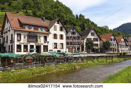 Picture - Half-timbered houses in Schiltach with the Schiltach River in the Kinzig Valley, Black Forest, Baden-Wuerttemberg, Germany, Europe, PublicGround, Europe. Fotosearch
