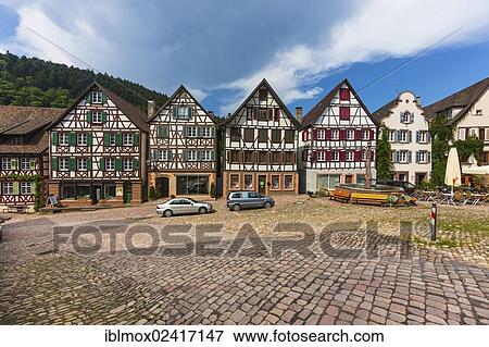 Stock Photo - Half-timbered houses, Marktplatz square with the town fountain, Schiltach in the Kinzig Valley, Black Forest, Baden-Wuerttemberg, Germany, Europe, PublicGround, Europe. Fotosearch