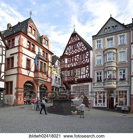 Stock Image - Half-timbered houses on Markt square in the district of Bernkastel, Bernkastel-Kues, Moselle, Rhineland-Palatinate, Germany, Europe, PublicGround, Europe. Fotosearch