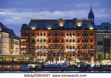 "Hamburger Hof with Christmas lights in different languages, Alsterpavillon and Christmas market, Jungfernstieg, Hamburg, Germany, Europe" View Large Photo Image Stock Photo - "Hamburger Hof with Christmas lights in different languages, Alsterpavillon and Christmas market, Jungfernstieg, Hamburg, Germany, Europe". Fotosearch