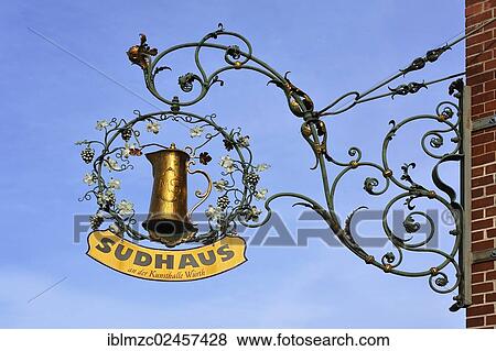 "Hanging sign from the restaurant Sudhaus against a blue sky, Lange Strasse 35-1, Schwaebisch Hall, Baden-Wuerttemberg, Germany, Europe, PublicGround, Europe" View Large Photo Image Stock Photo - "Hanging sign from the restaurant Sudhaus against a blue sky, Lange Strasse 35-1, Schwaebisch Hall, Baden-Wuerttemberg, Germany, Europe, PublicGround, Europe". Fotosearch