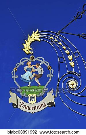 "Hanging sign of """"Bauerntanz"""" restaurant, Memmingen, Allgau, Swabia, Bavaria, Germany, Europe" View Large Photo Image Stock Image - "Hanging sign of """"Bauerntanz"""" restaurant, Memmingen, Allgau, Swabia, Bavaria, Germany, Europe". Fotosearch