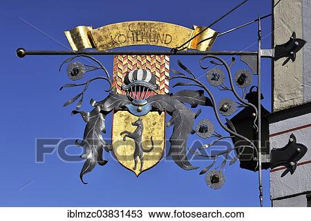 "Hanging sign of """"Cafe Kohlhund"""", since 1902, Immenstadt, Oberallgau, Allgau, Bavaria, Germany, Europe" View Large Photo Image Stock Image - "Hanging sign of """"Cafe Kohlhund"""", since 1902, Immenstadt, Oberallgau, Allgau, Bavaria, Germany, Europe". Fotosearch