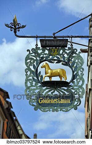 "Hanging sign of """"Hotel Goldenes Lamm"""", Rothenburg ob der Tauber, Middle Franconia, Bavaria, Germany, Europe" View Large Photo Image Picture - "Hanging sign of """"Hotel Goldenes Lamm"""", Rothenburg ob der Tauber, Middle Franconia, Bavaria, Germany, Europe". Fotosearch